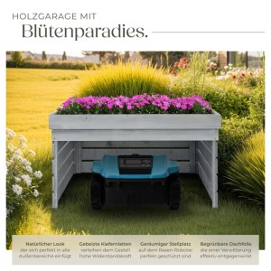 Tectake Rasenmäher Roboter Garage Hortus mit bepflanztem Dach und Rasenmäher Roboter.