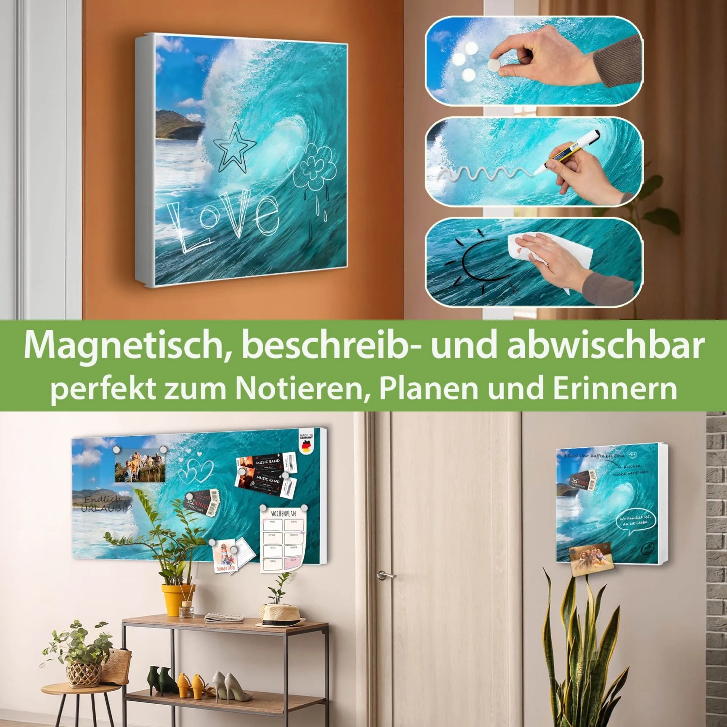 Banjado Großer Schlüsselkasten Metall 30x30cm Weiß Scharnier Links 50 Haken Beschreibbar Magnetisch Motiv Perfekte Welle