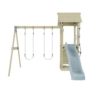 PolarPlay Kinderschaukel Vimmerby Eisblau mit Rutsche und Kletterturm aus Holz.