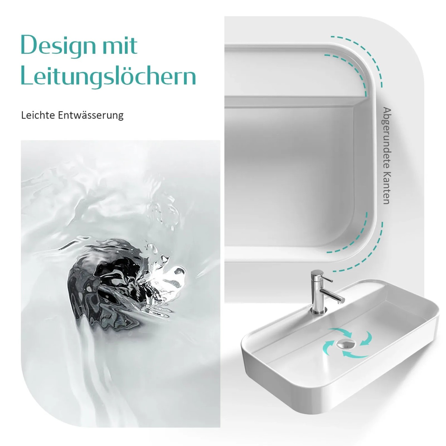 Emke Handwaschbecken, eckig, 70x40 cm, mit Hahnloch. Keramik Aufsatzwaschbecken im modernen Design.