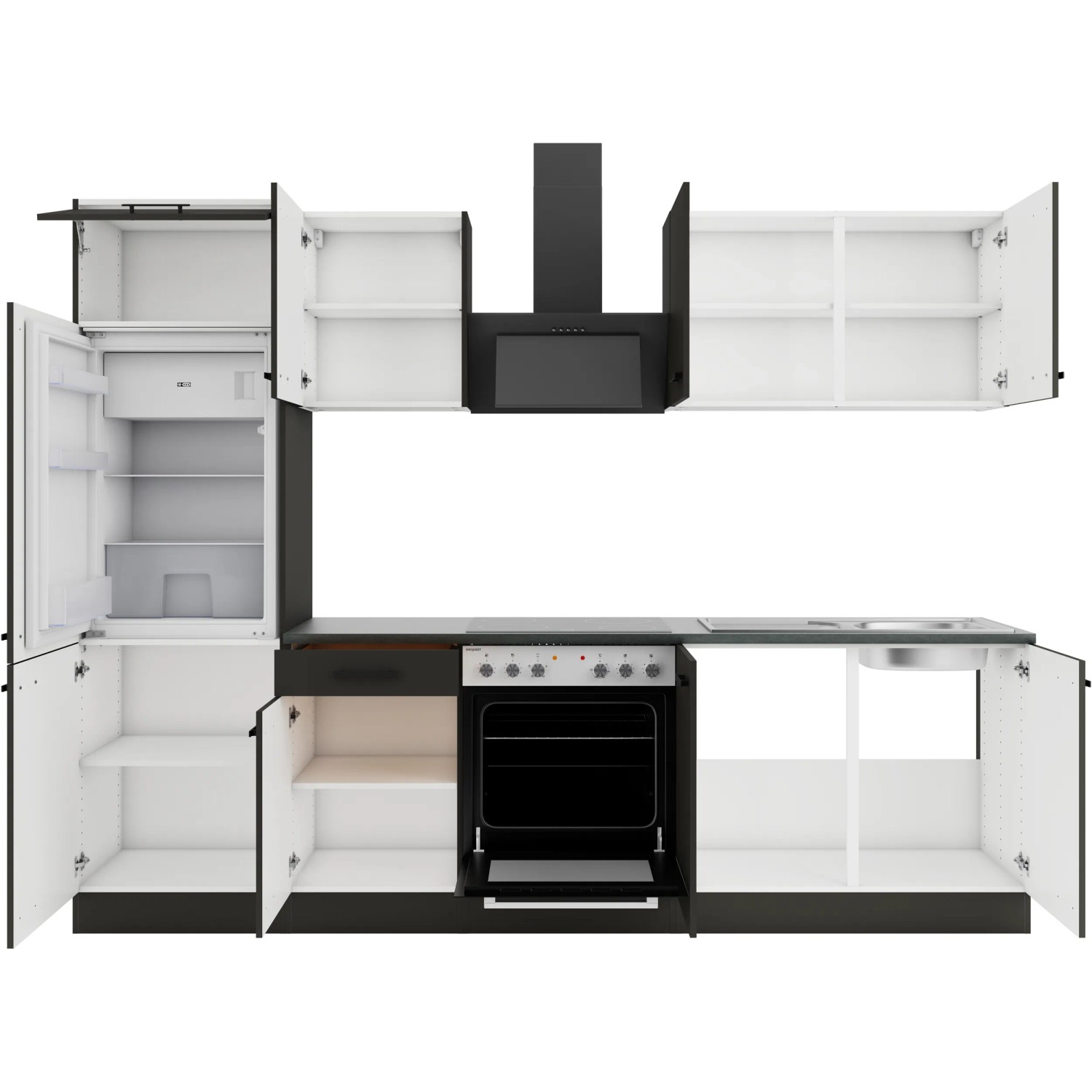 OPTIFIT Madrid420 Küchenzeile 270 cm in Anthrazit mit E-Geräten und geöffneten Schranktüren.