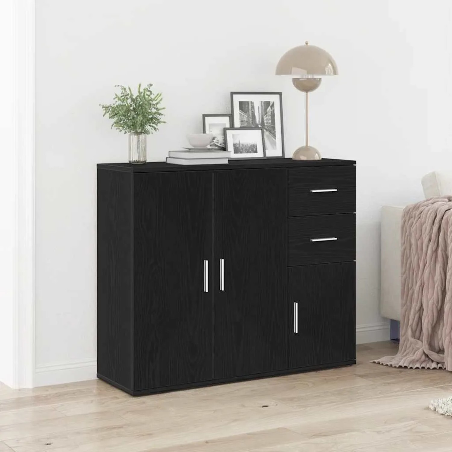 vidaXL Sideboard in Schwarz Eiche Optik, Kommode mit Türen und Schubladen, 91x75 cm.