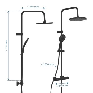 Schütte Adria Überkopf-Brauseset mit Thermostat, Schwarz Matt, Regendusche und Handbrause.