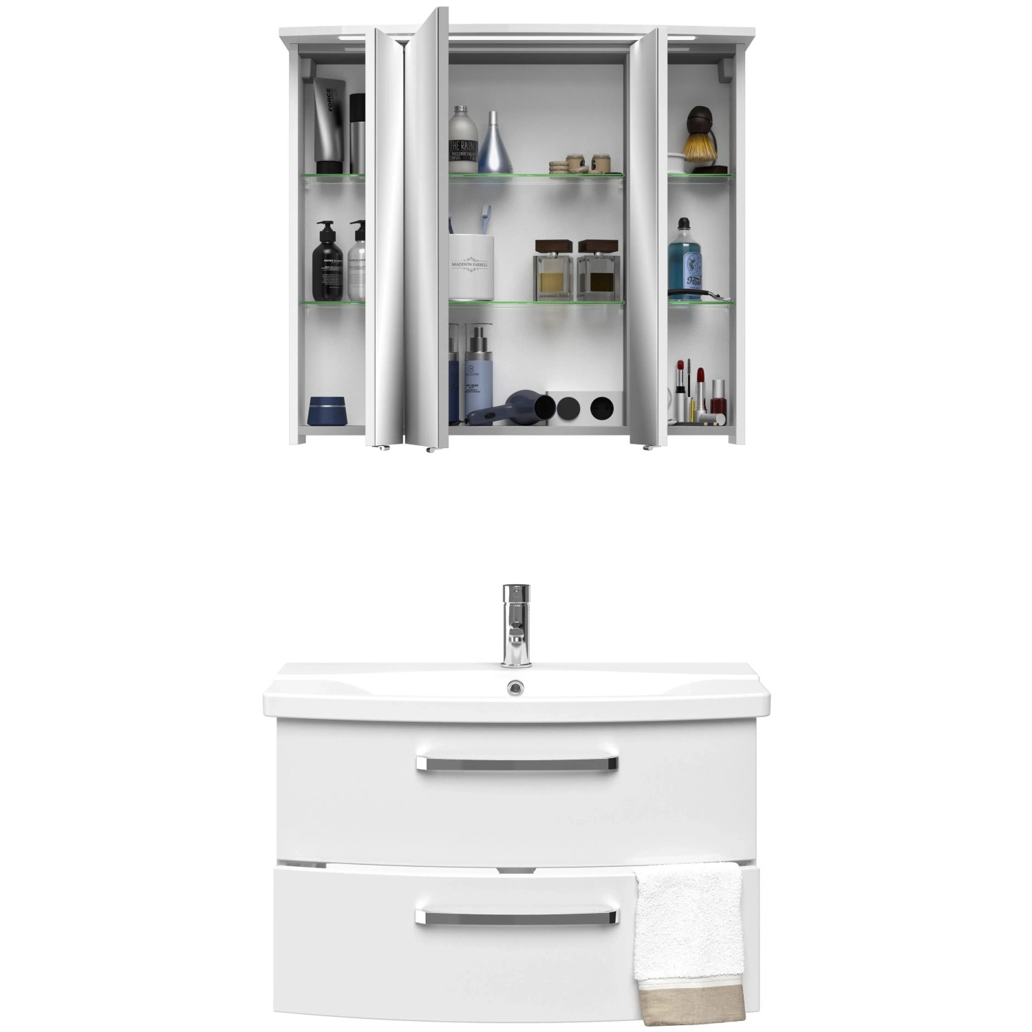 Pelipal Badmöbel-Set Serie 4010, 84 cm, Weiß Hochglanz: Waschbecken, Unterschrank und Spiegelschrank.