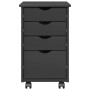 Grauer Rollschrank aus massivem Kiefernholz mit 4 Schubladen, versenkten Griffen und Rollen. Ideal für Wohnzimmer.