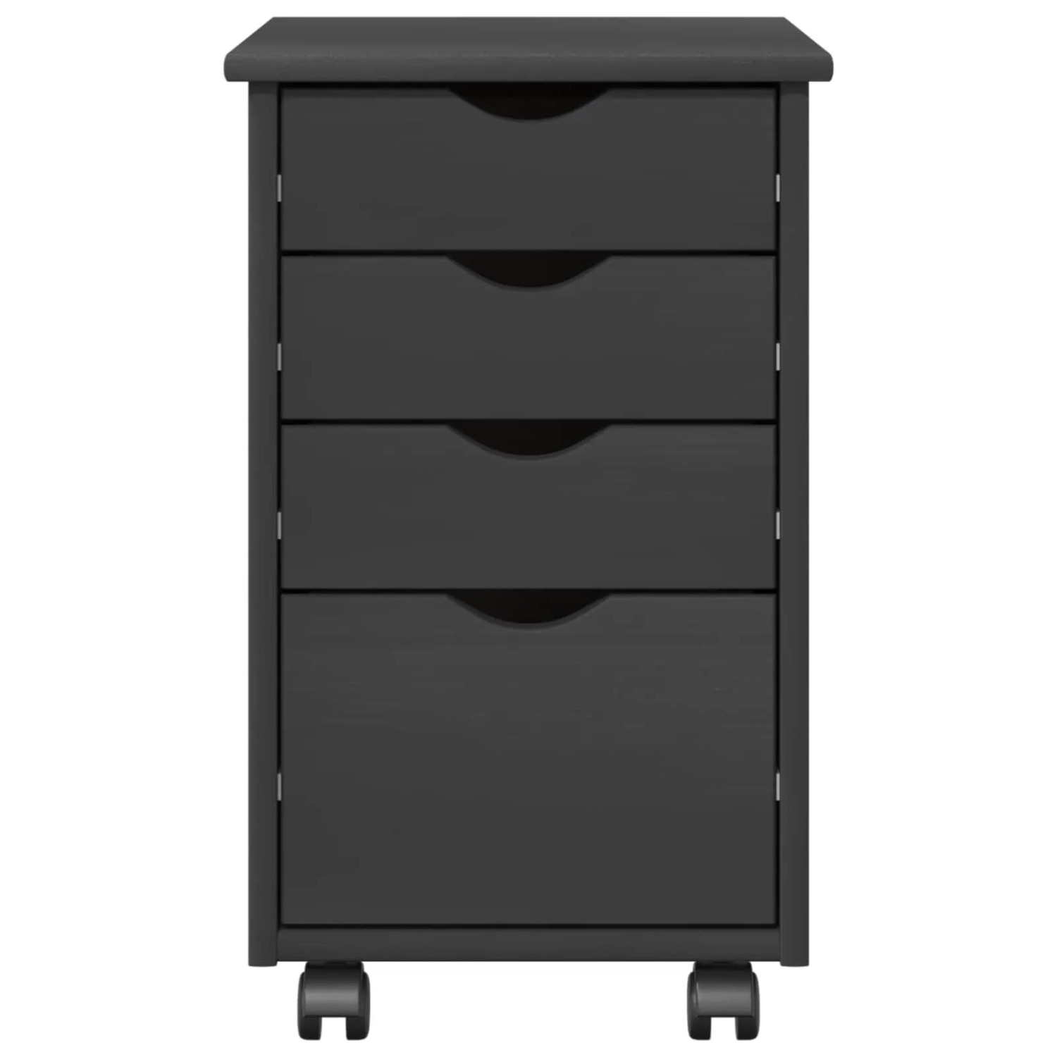 Grauer Rollschrank aus massivem Kiefernholz mit 4 Schubladen, versenkten Griffen und Rollen. Ideal für Wohnzimmer.