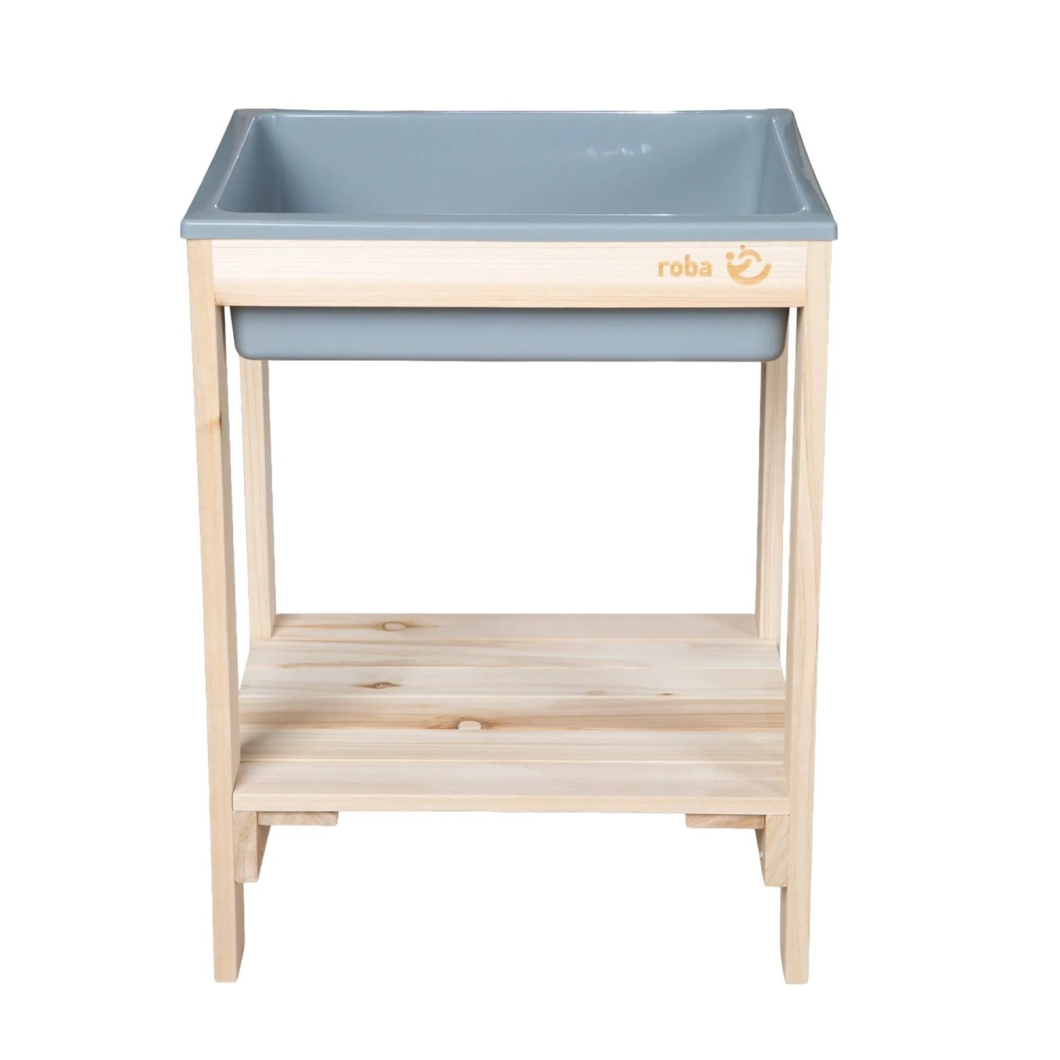 roba Outdoor Spiel- & Wassertisch Tiny Natur aus Holz mit grauer Spielwanne und Ablagefach.
