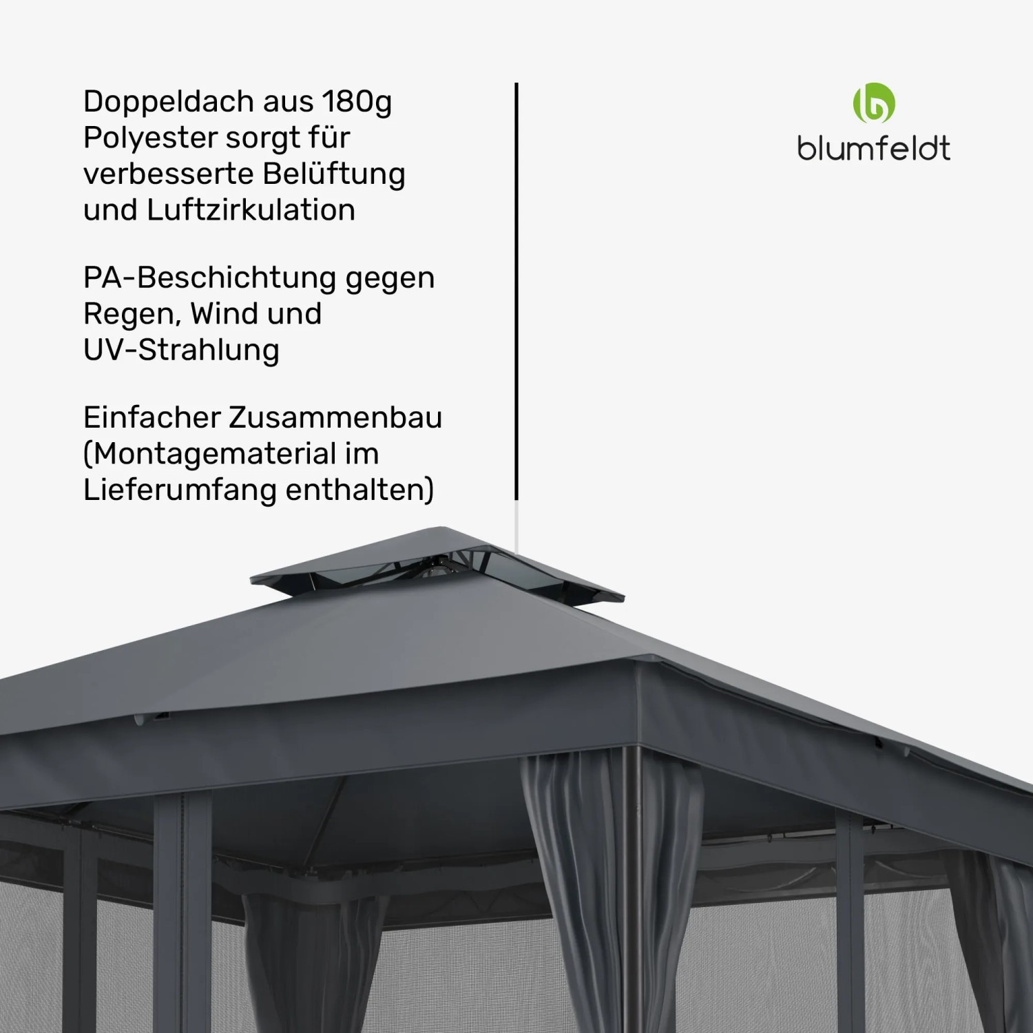 Blumfeldt Mondo Dual Pavillon 3x3 m, dunkelgrau, mit Doppeldach und Moskitonetz.