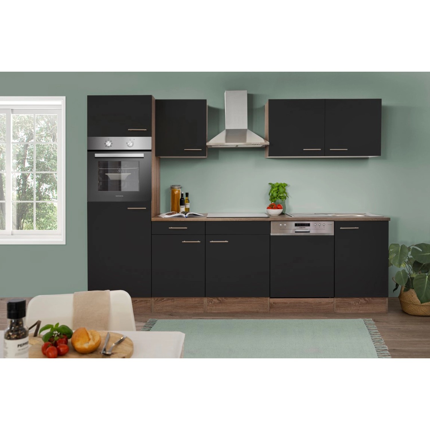 Respekta Küchenzeile/Küchenblock KB280EYS 280 cm Schwarz Seidenglanz-Eiche York Nachbildung