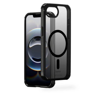 Schwarze, transparente Hama Handyhülle Extreme Protect für Apple iPhone 16e/17e mit MagSafe Ring und verstärkten Ecken.