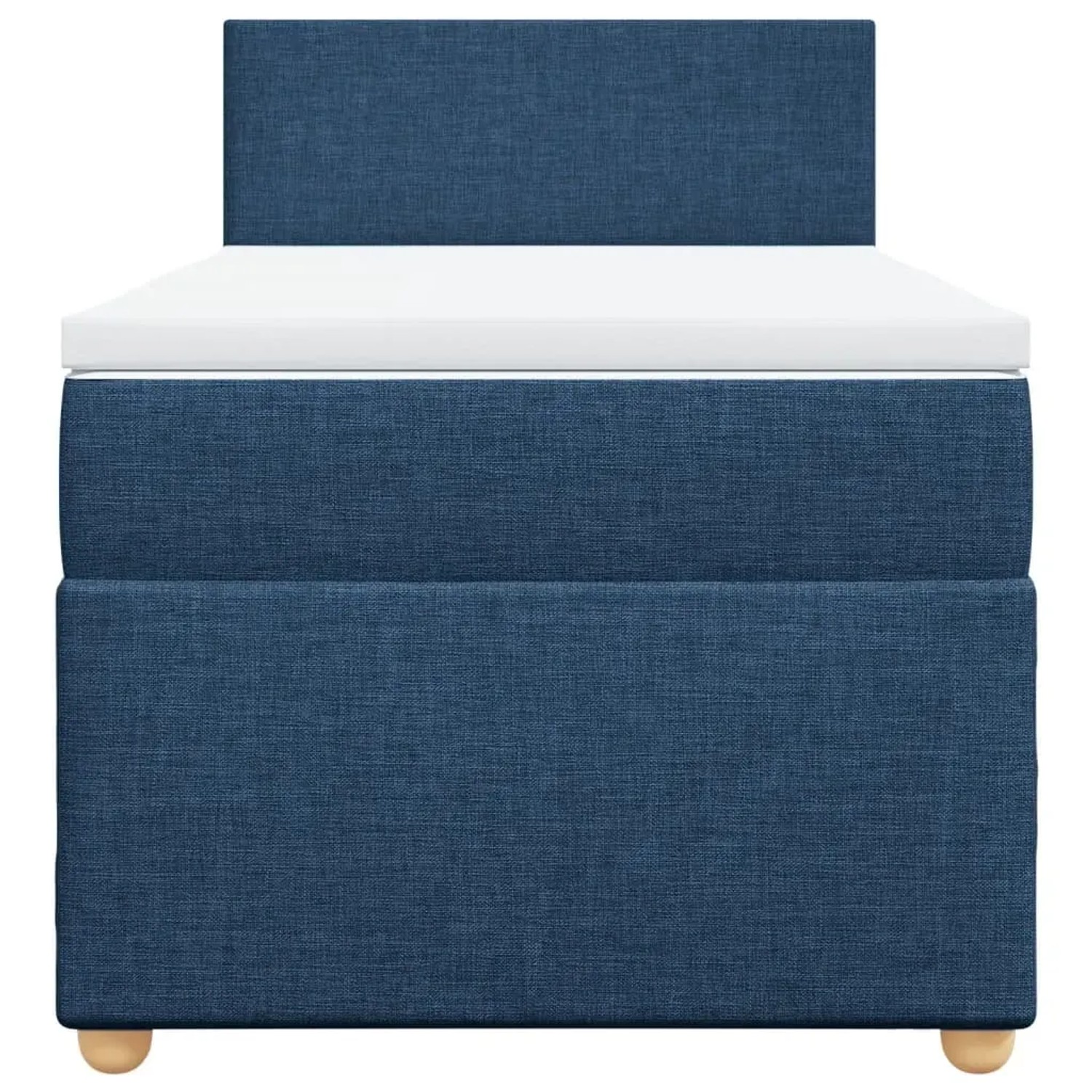 Blaues Boxspringbett (90x190 cm) mit Matratze und Topper. Stoffbezug.