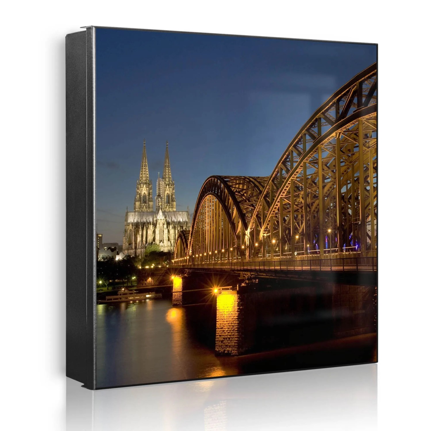 Banjado Großer Schlüsselkasten Metall 30x30cm Schwarz Scharnier Links 50 Haken Beschreibbar Magnetisch Motiv Köln