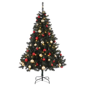 Geschmückter, künstlicher Weihnachtsbaum Fynn LED mit roten und goldenen Kugeln, 185cm hoch.