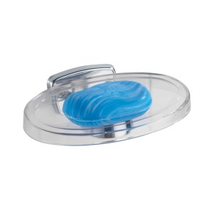 Wenko Seifenschale Basic mit transparenter Ablage und Edelstahl Wandhalterung, inklusive blauer Seife.
