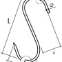 Technisches Diagramm eines Conacord S-Hakens aus Stahl. Maße L, B, Ø, x sind eingezeichnet. Ideal für Beschläge.