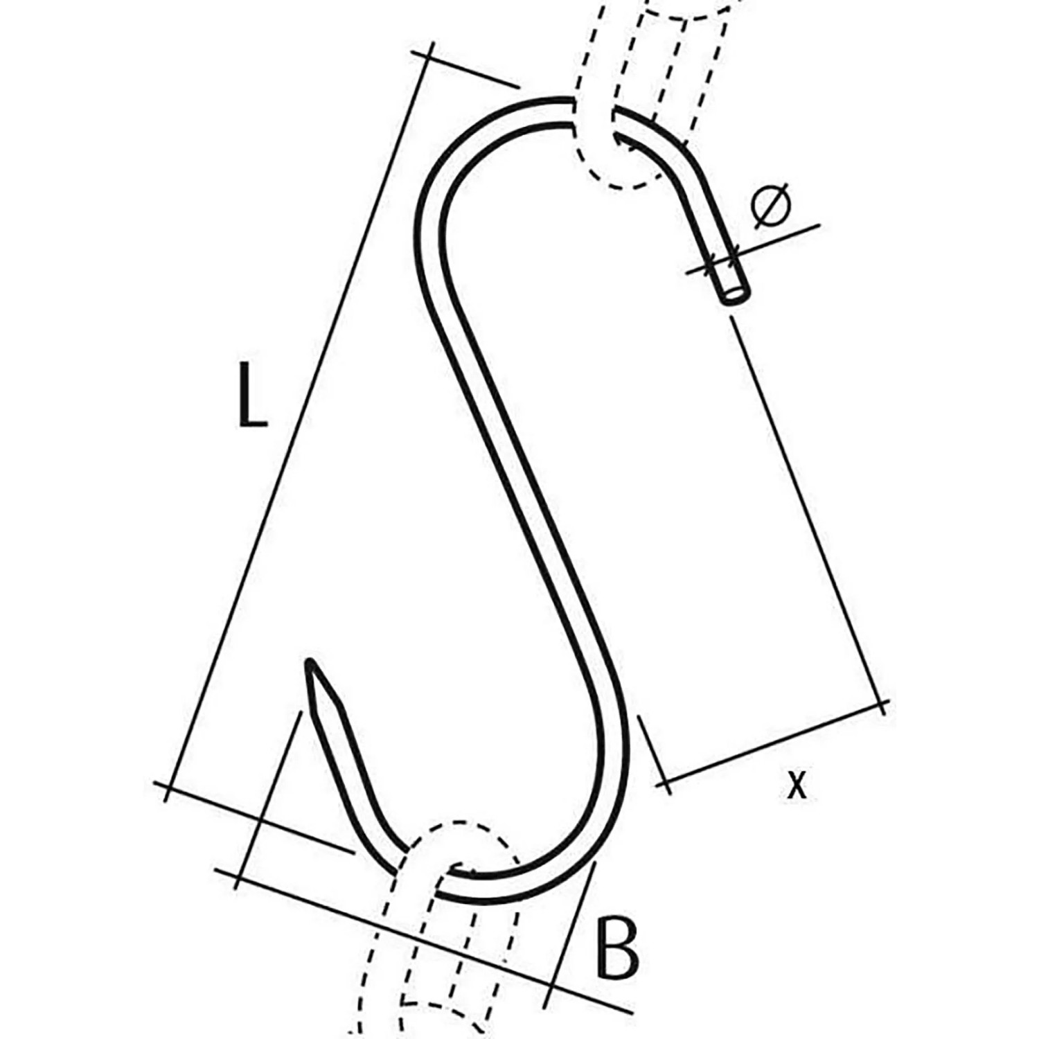 Technisches Diagramm eines Conacord S-Hakens aus Stahl. Maße L, B, Ø, x sind eingezeichnet. Ideal für Beschläge.
