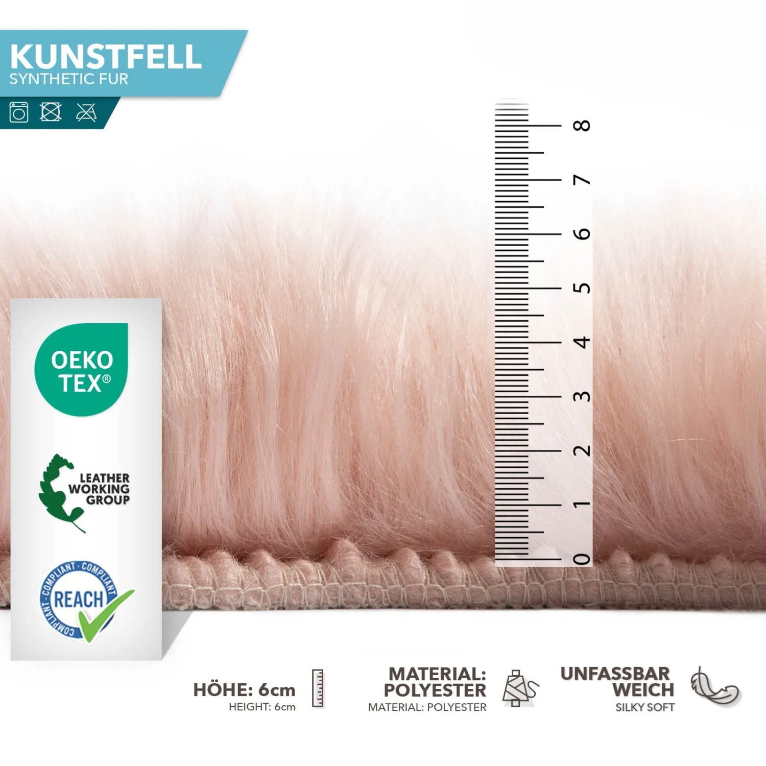 Rosa Kunstfell Nelly, flauschiges Dekofell aus Polyester mit 6 cm Florhöhe.