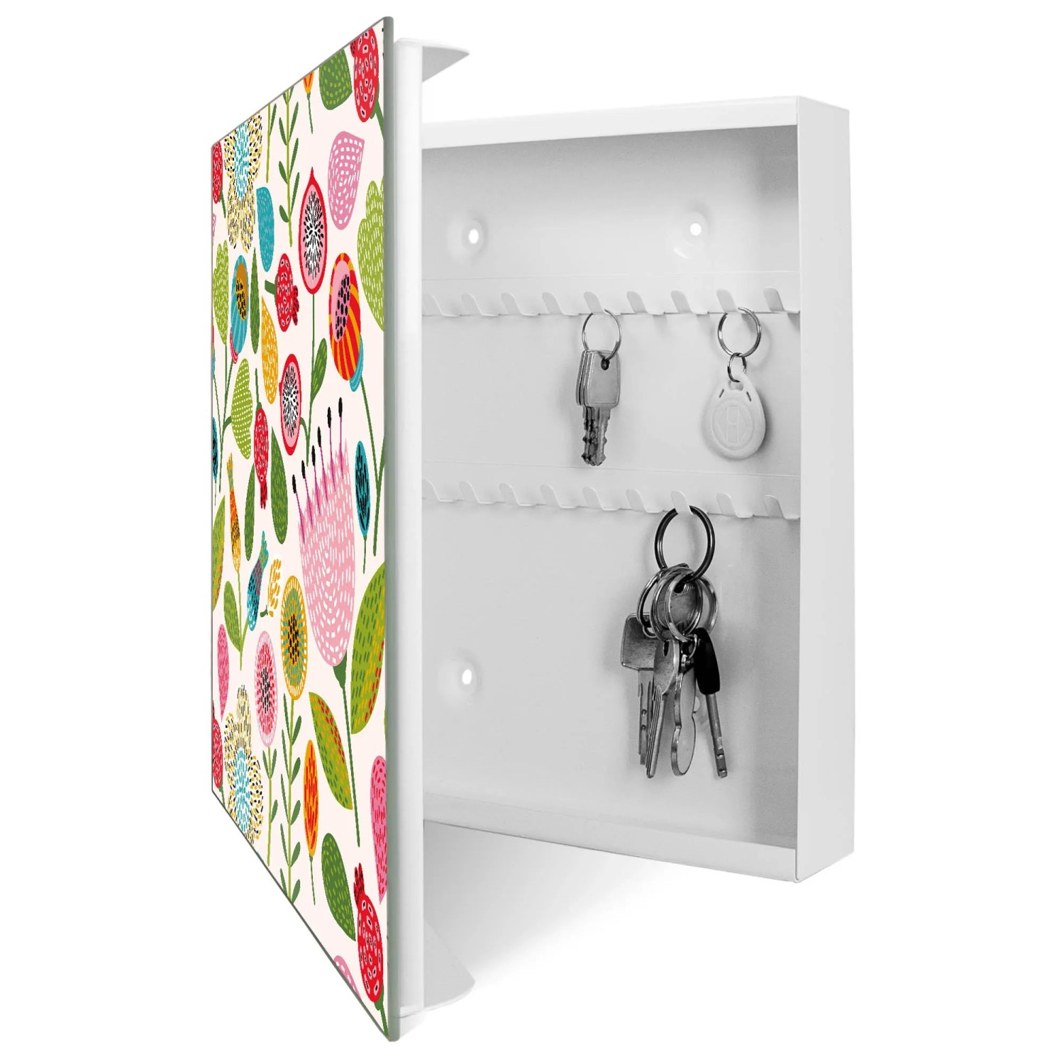 Offener, weißer Banjado Schlüsselkasten mit floralem Motiv, 50 Haken und beschreibbarer Glastür.