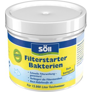 Söll Filterstarter Bakterien 100g im weißen Behälter für die Teichpflege.