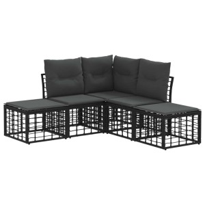 Schwarze modulare vidaXL Outdoor-Sofagarnitur aus Polyrattan mit Polyesterkissen. Wetterbeständiges Gartenmöbel-Set.