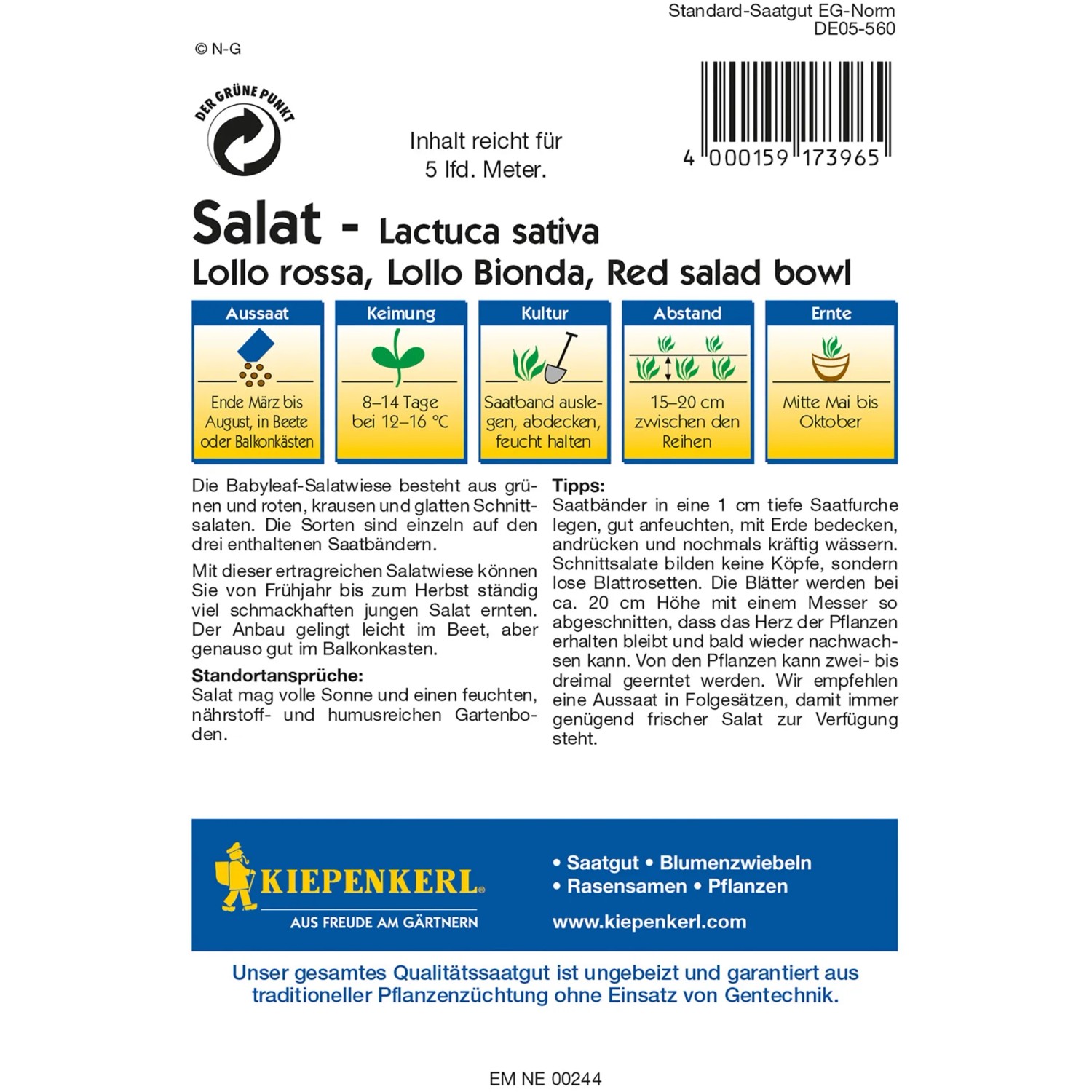 Kiepenkerl Schnittsalat Babyleaf-Salatwiese Saatband Packung mit Lollo Rossa, Bionda und Red Salad Bowl.