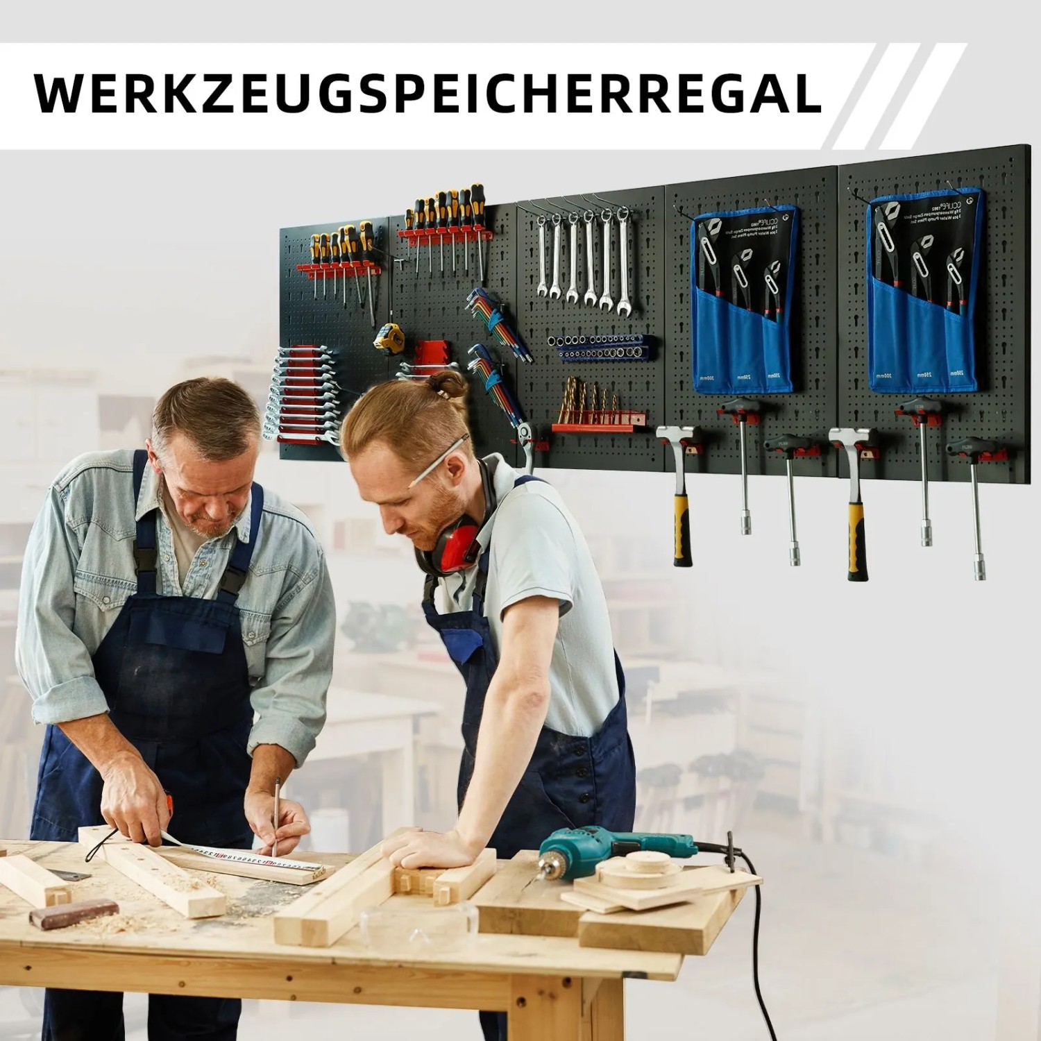 CCLIFE Werkzeugwand 5-teilig, schwarz, mit 66 Zubehörteilen in Werkstatt. Handwerker arbeiten, Werkzeuge ordentlich an Lochwand.