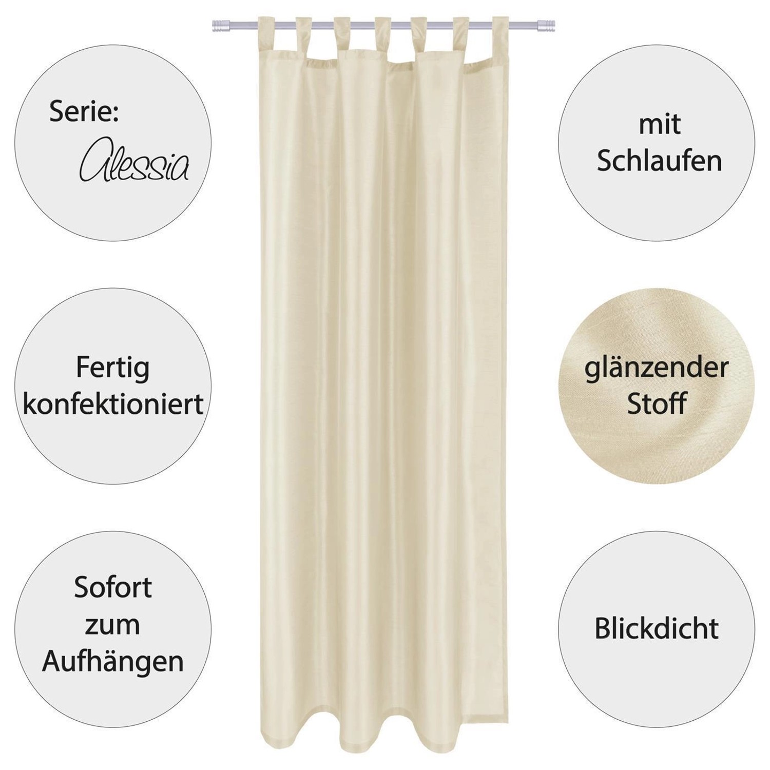 Blickdichte, beige Arsvita Gardine Alessia, 140x245cm, mit Schlaufen. Dekoschals im 2er Pack für Fenster.