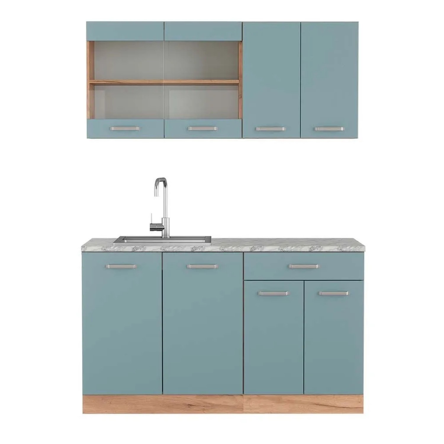 Vicco R-Line Singleküche Blau-Grau Goldkraft Eiche 140 cm AP Marmor ohne E-Geräte