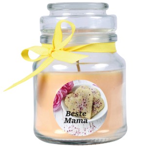 Gelbe Duftkerze im Bonbonglas mit "Beste Mama" Aufdruck als Muttertagsgeschenk.