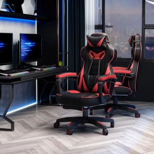 Schwarzer Gaming-Bürostuhl mit roten Akzenten, ergonomisch, verstellbar, Fußstütze. Ideal für Büro & E-Sport.