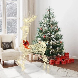 Großes, beleuchtetes LED-Rentier mit Geweih und roter Schleife, Weihnachtsdeko für Innen & Außen.