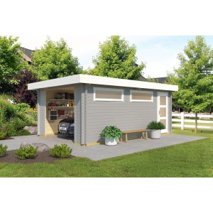 Moderne, lichtgraue Lasita Garage Canberra mit Flachdach, seitlicher Tür und Milchglasfenstern.