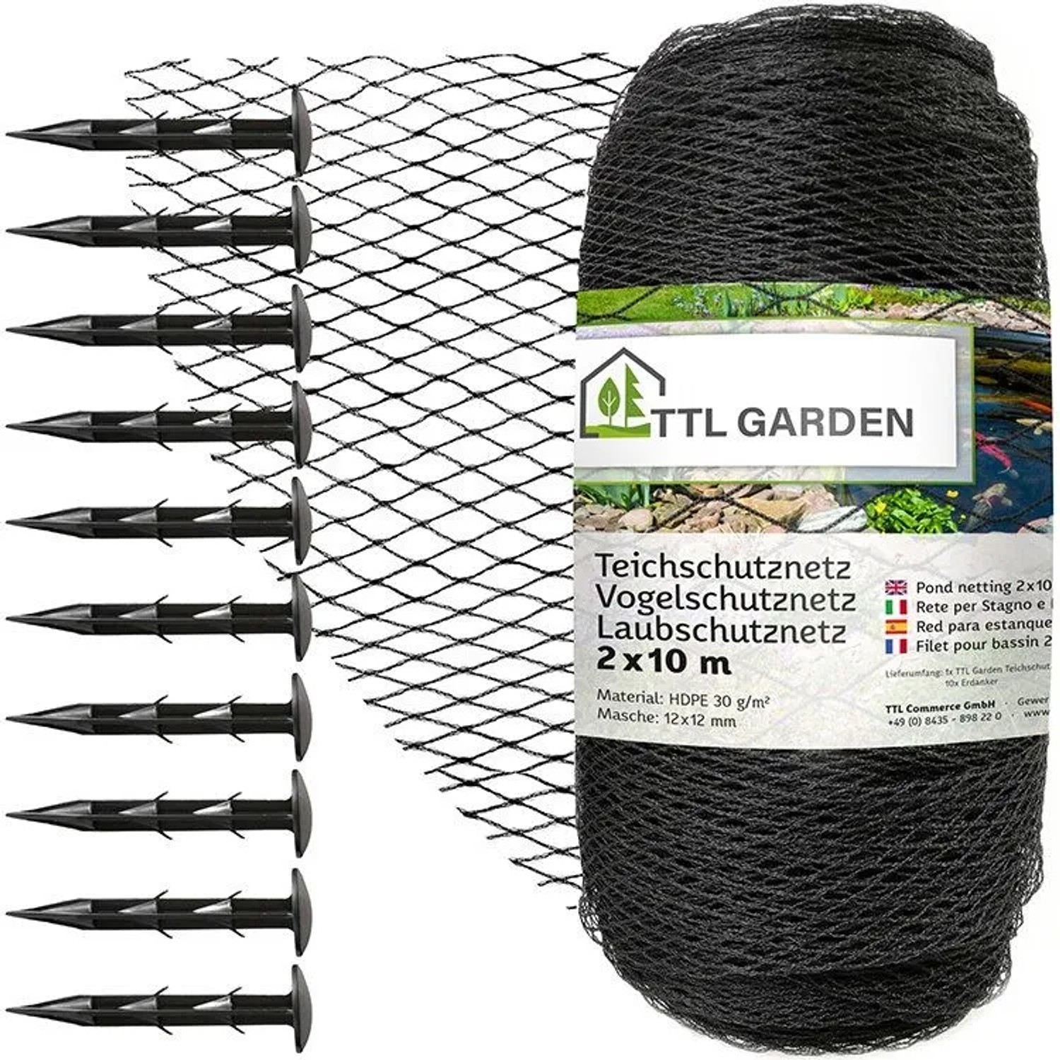 TTL GARDEN Teichschutznetz 2x10m 12x12mm 30g/m² Anthrazit Vogelschutznetz Teichnetz Laubnetz Gartennetz aus HDPE