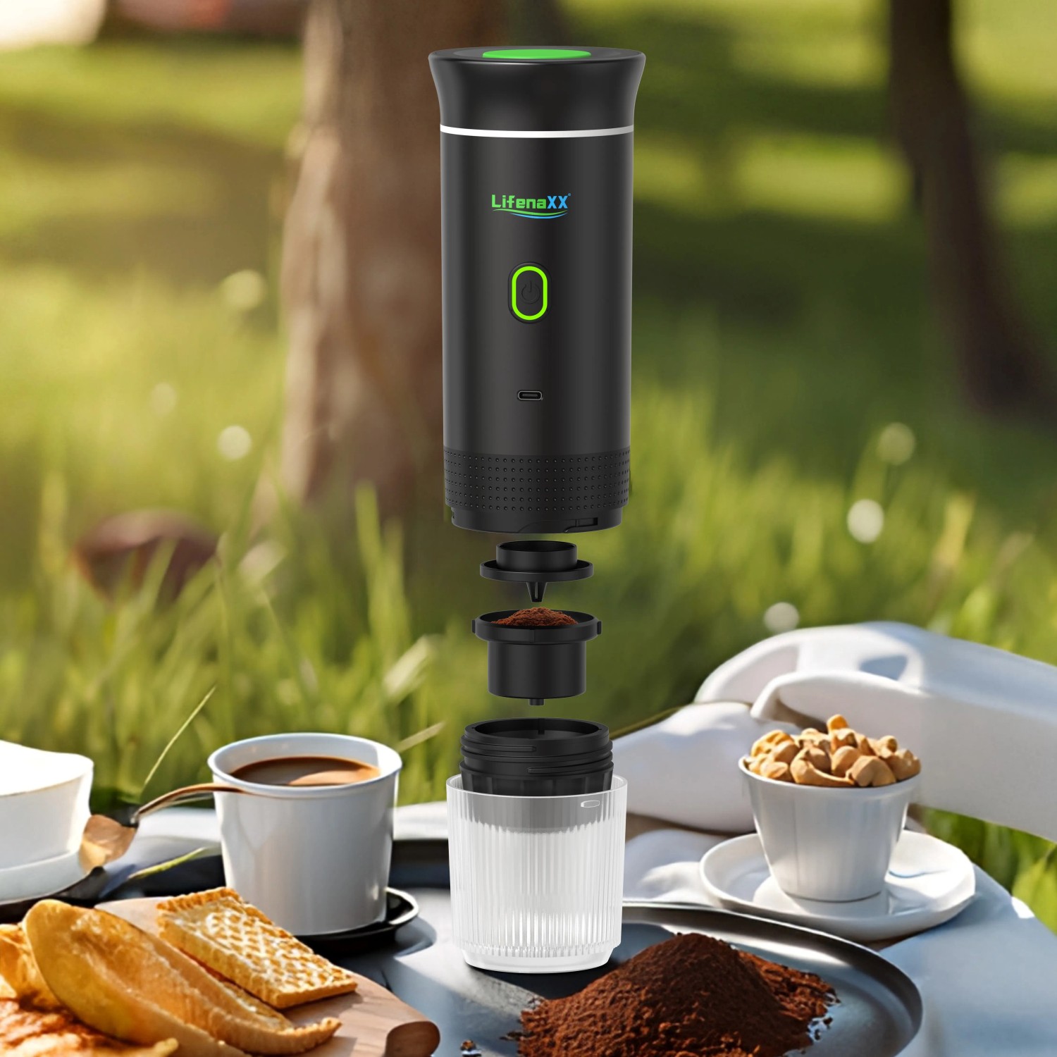 Lifenaxx Espresso To Go Kaffeemaschine, zerlegt, mit Kaffee und Gebäck im Freien.