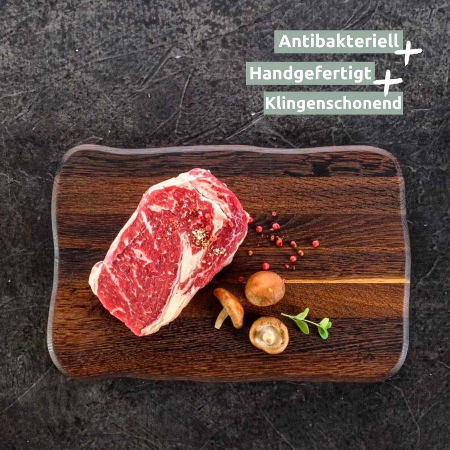 Holz4home Schneidebrett aus dunkler Eiche mit Steak und Pilzen. Robustes Holzbrett.