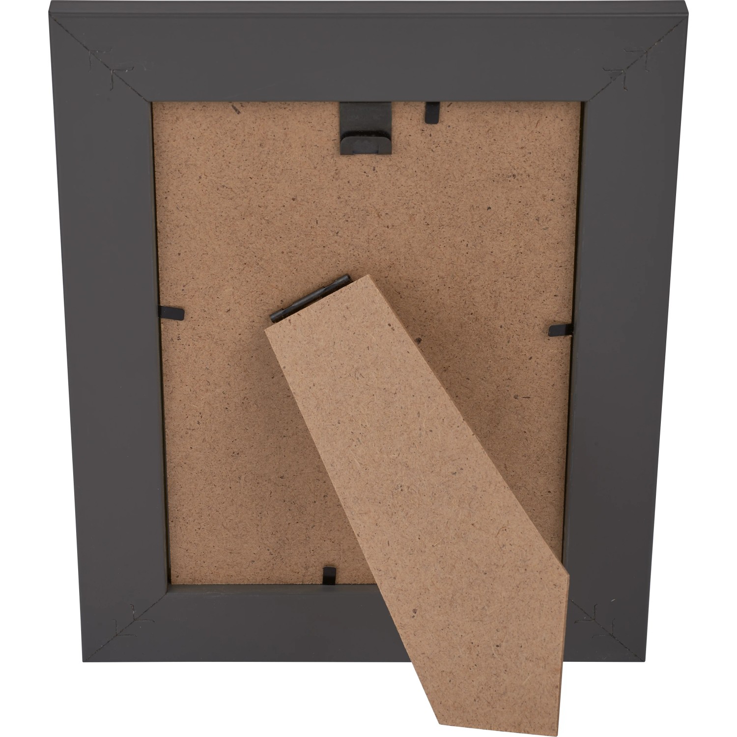 Rückseite des anthrazitfarbenen MDF-Bilderrahmens Malmo 13x18 cm mit Aufsteller.