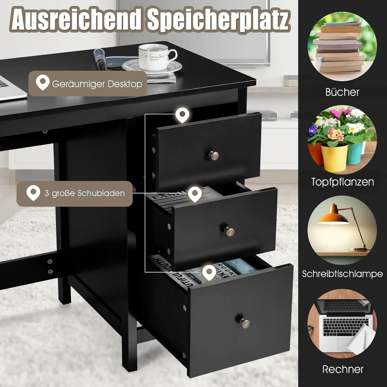 Schwarzer Costway Schreibtisch mit 3 Schubladen, ideal für Büro oder Arbeitszimmer.