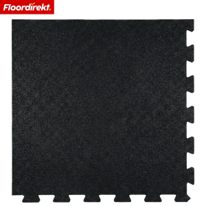Schwarze Gummi Steckmatte 50x50 cm als Eckstück mit V-Interlocking System. Robuste Bodenschutzmatte für Fitness & Werkstatt.