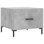 Zwei graue Couchtische (50x50x40 cm) aus Holzwerkstoff mit Schublade und schwarzen Metallbeinen.