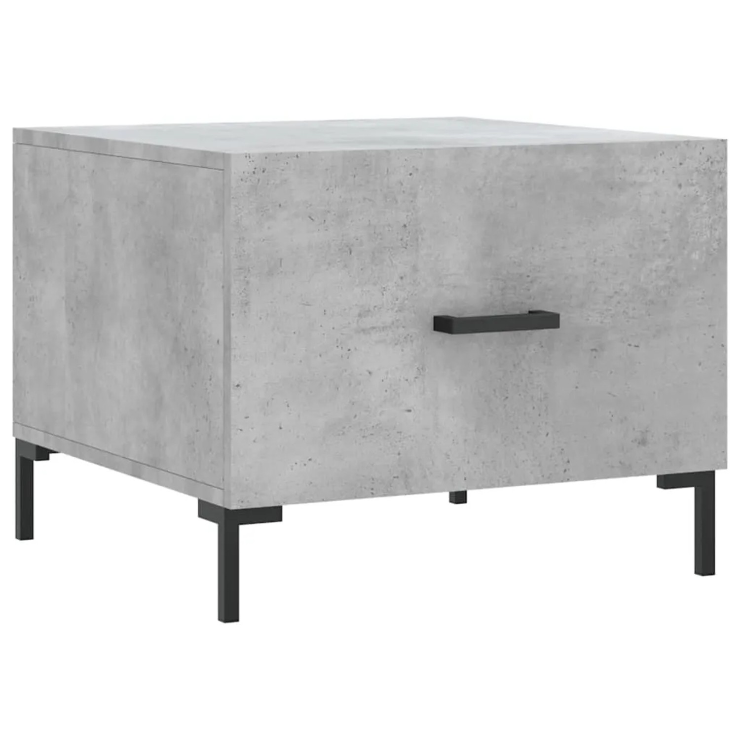 Zwei graue Couchtische (50x50x40 cm) aus Holzwerkstoff mit Schublade und schwarzen Metallbeinen.