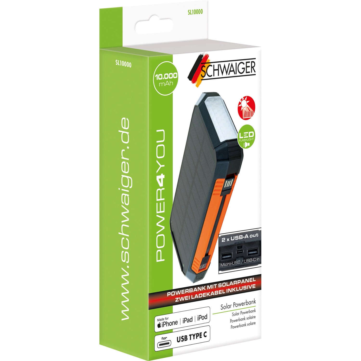 Schwaiger Solar-Powerbank mit Solarpanel und LED-Lampe in Verpackung.