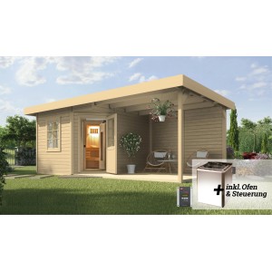 Weka Saunahaus Salo mit Anbau, naturbelassen, inkl. Ofen und Steuerung. Ideal für entspannte Sauna-Momente im Garten.