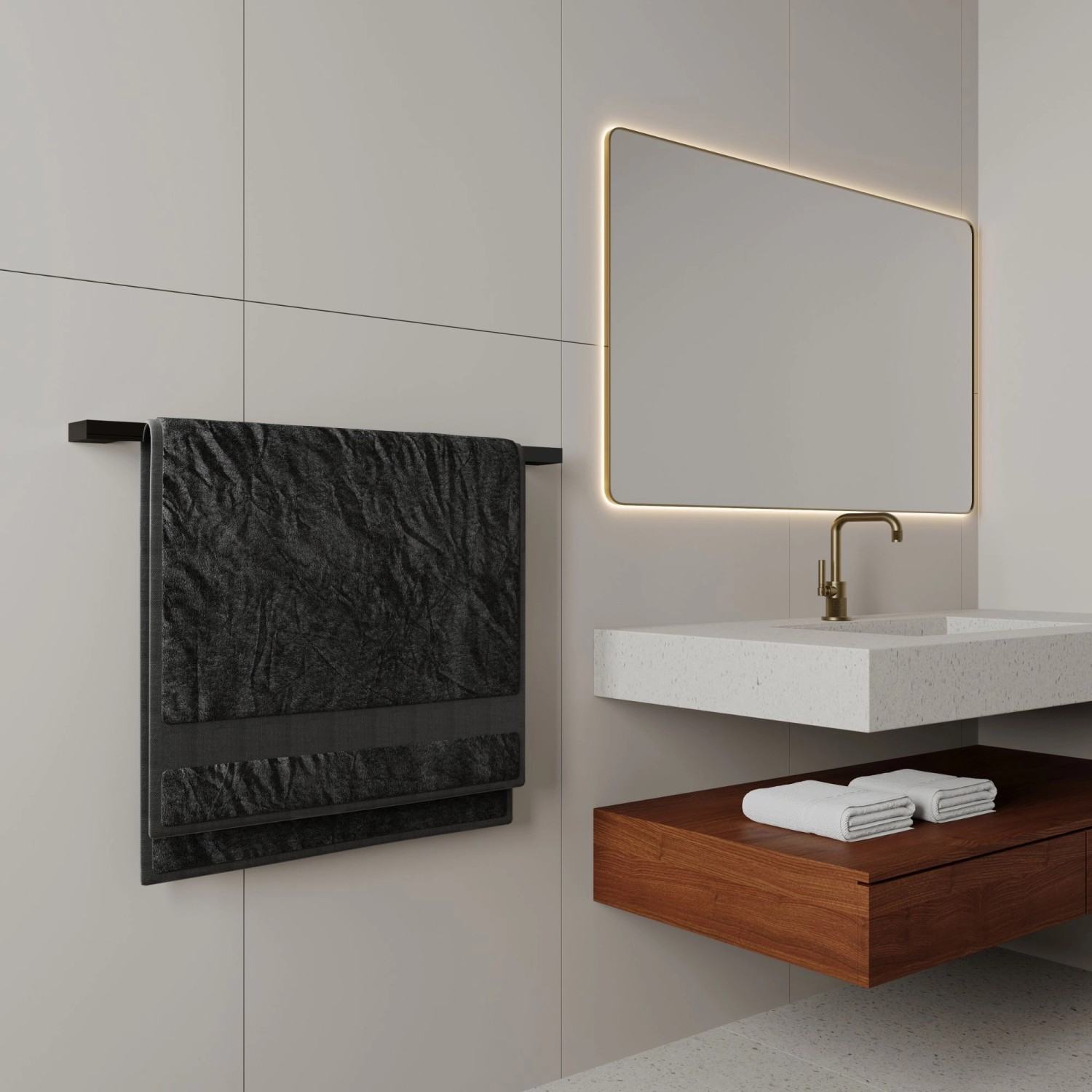 Schwarzer, langer kalb Handtuchhalter Lenn (80cm) mit Handtuch im modernen Bad.