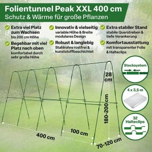 TTL GARDEN Folientunnel PEAK XXL, 400 cm lang. Grünes Gestell mit PE Folie, begehbar, für Pflanzen & Gemüse.