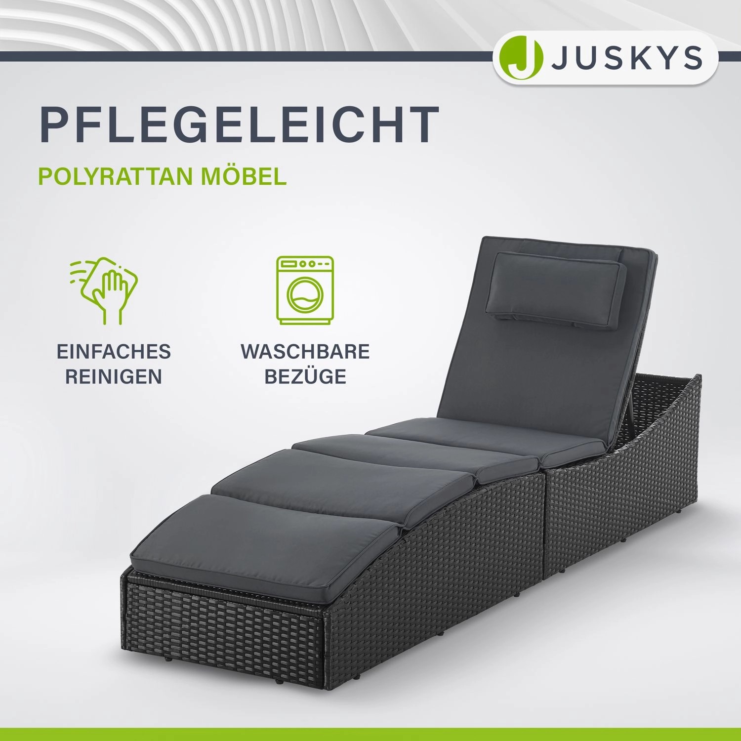 Schwarze Juskys Sonnenliege Lamia aus Polyrattan mit grauer Auflage und verstellbarem Kopfteil.
