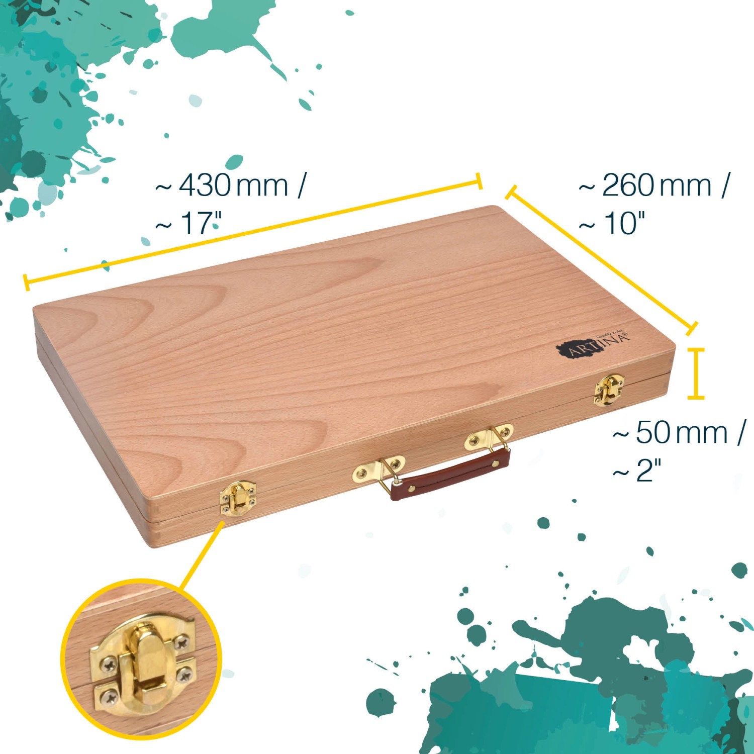 Artina Genova Malkoffer aus Buche, geschlossen, mit Griff und goldenen Verschlüssen. Abmessungen sichtbar.