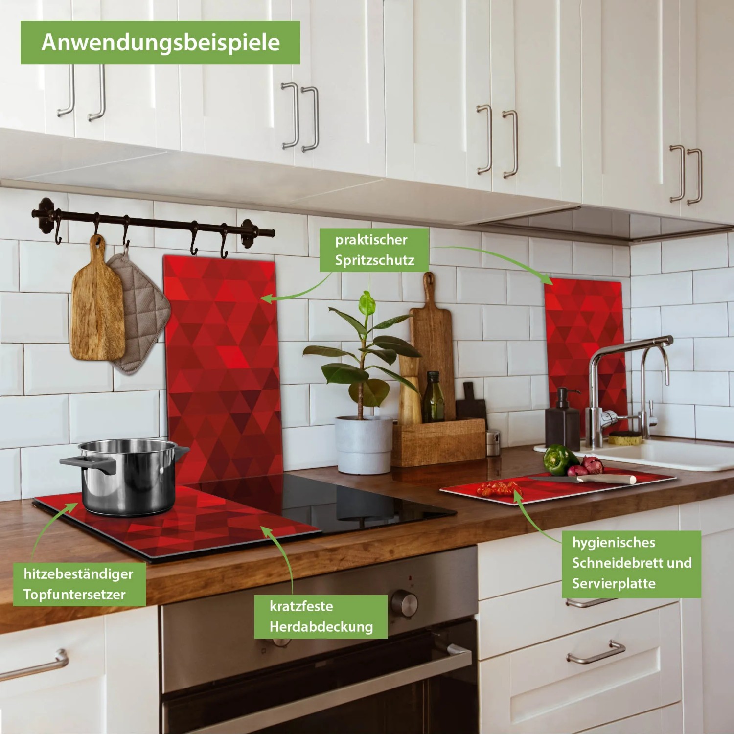 Banjado Herdabdeckplatten-Set mit rotem Dreiecks-Motiv als Schneidebrett und Spritzschutz.