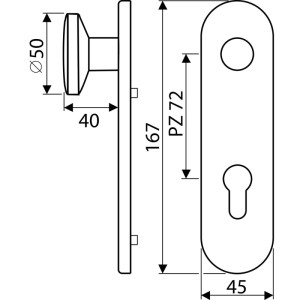 Technisches Diagramm BKS Knopfkurzschild für Fluchttüren, PZ 72 Lochung, Aluminium silber eloxiert, Maße 167x45mm.