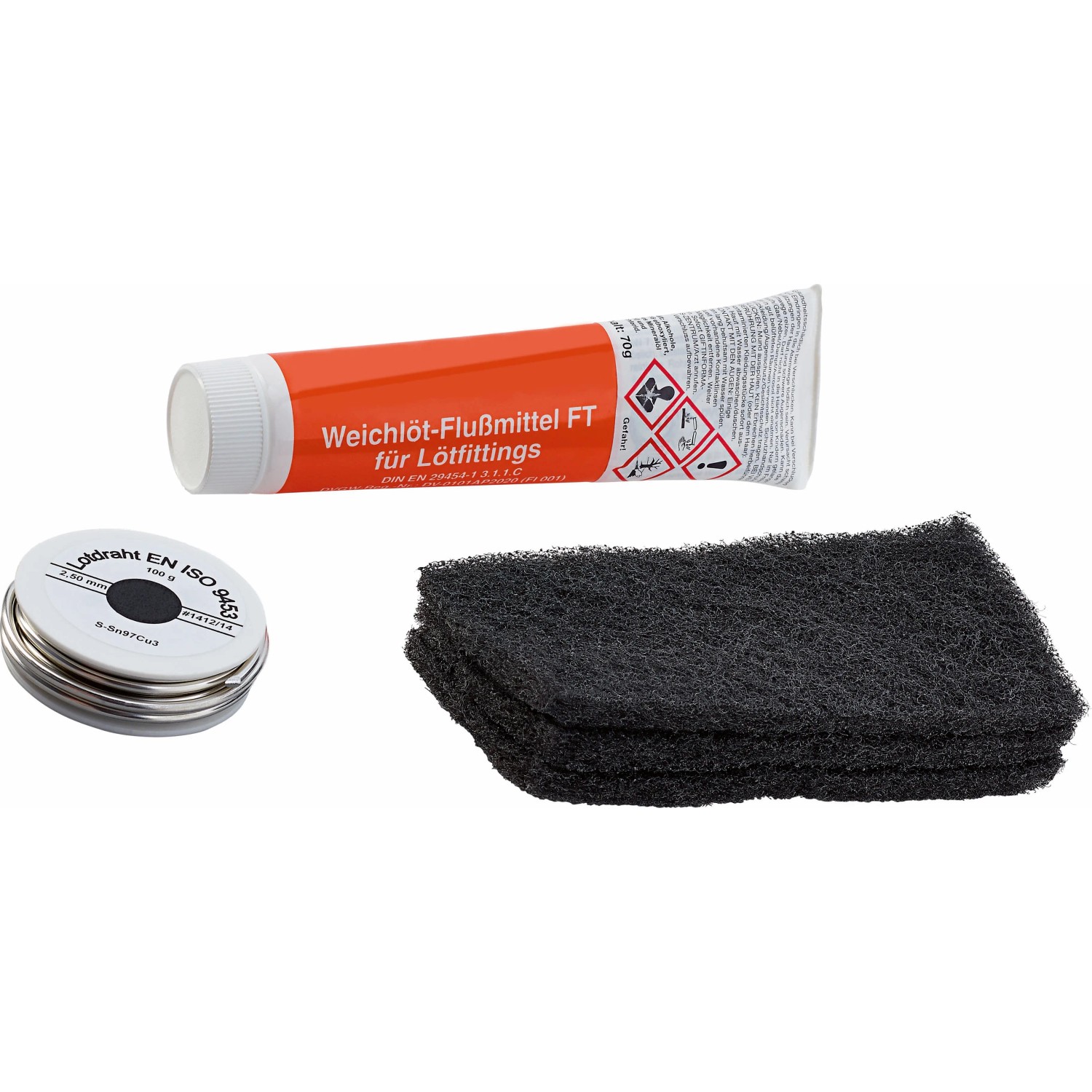 Weichlöt-Set mit Flussmittel, Lötdraht und Reinigungsvlies für Kupferrohre.