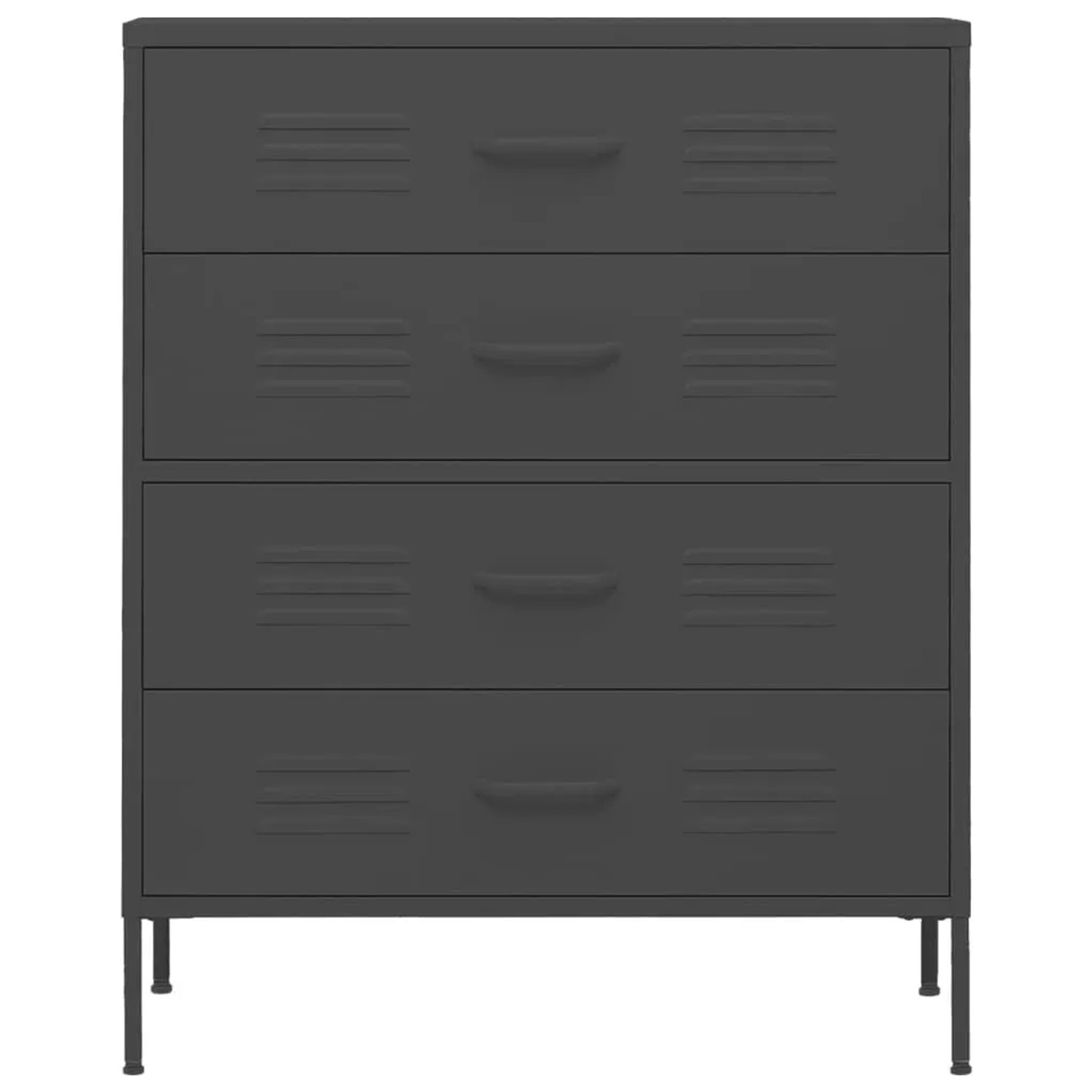 Anthrazitfarbene Stahlkommode mit 4 Schubladen und dekorativen Rillen. Moderner Wohnzimmerschrank.